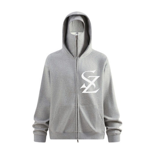 340GSM Men’s Trendy Fleece Zip-Up Windproof Face-Mask Hoodie Heathered Grey