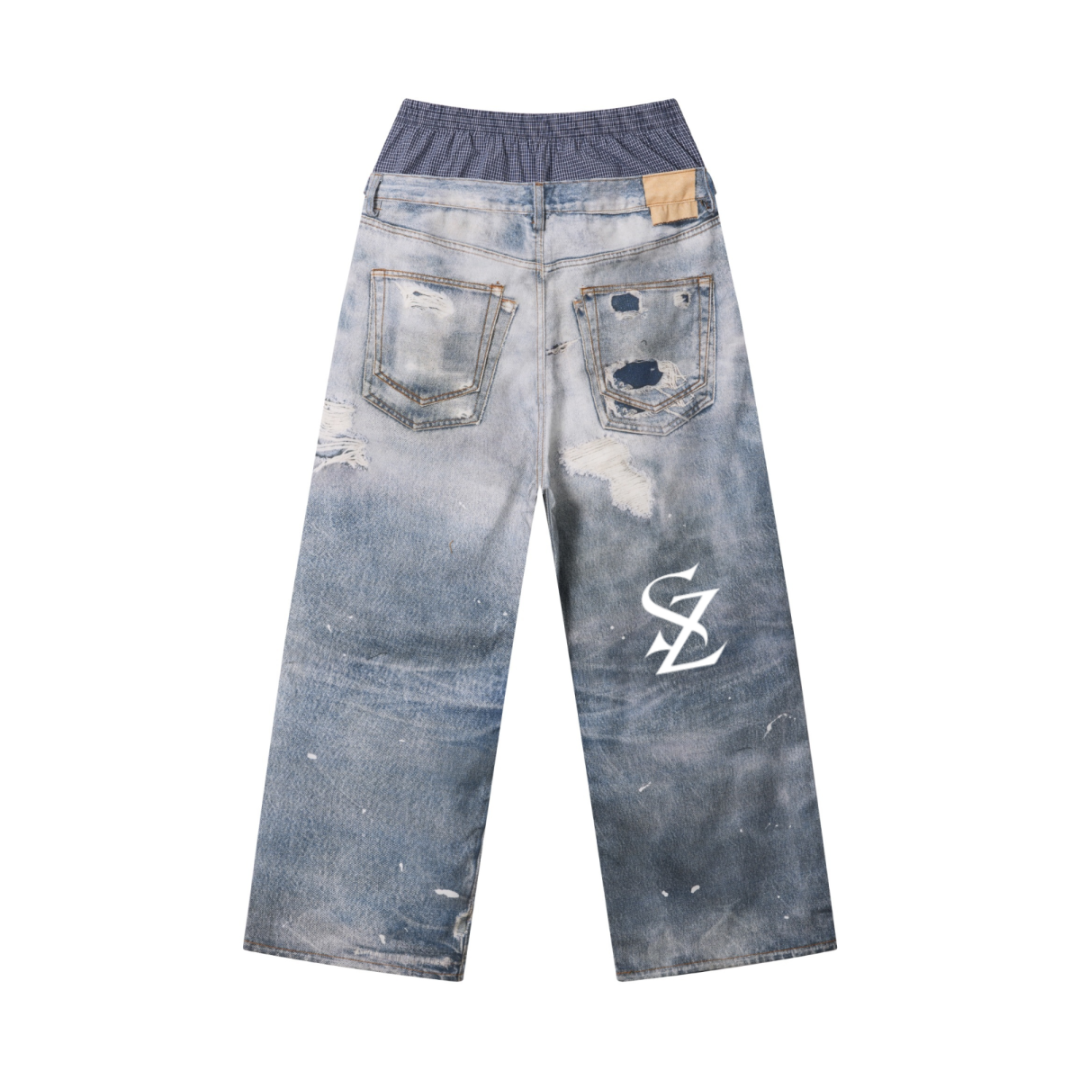 270GSM Men's Cotton Twill Denim Print Double Waist Loose Pants Blue