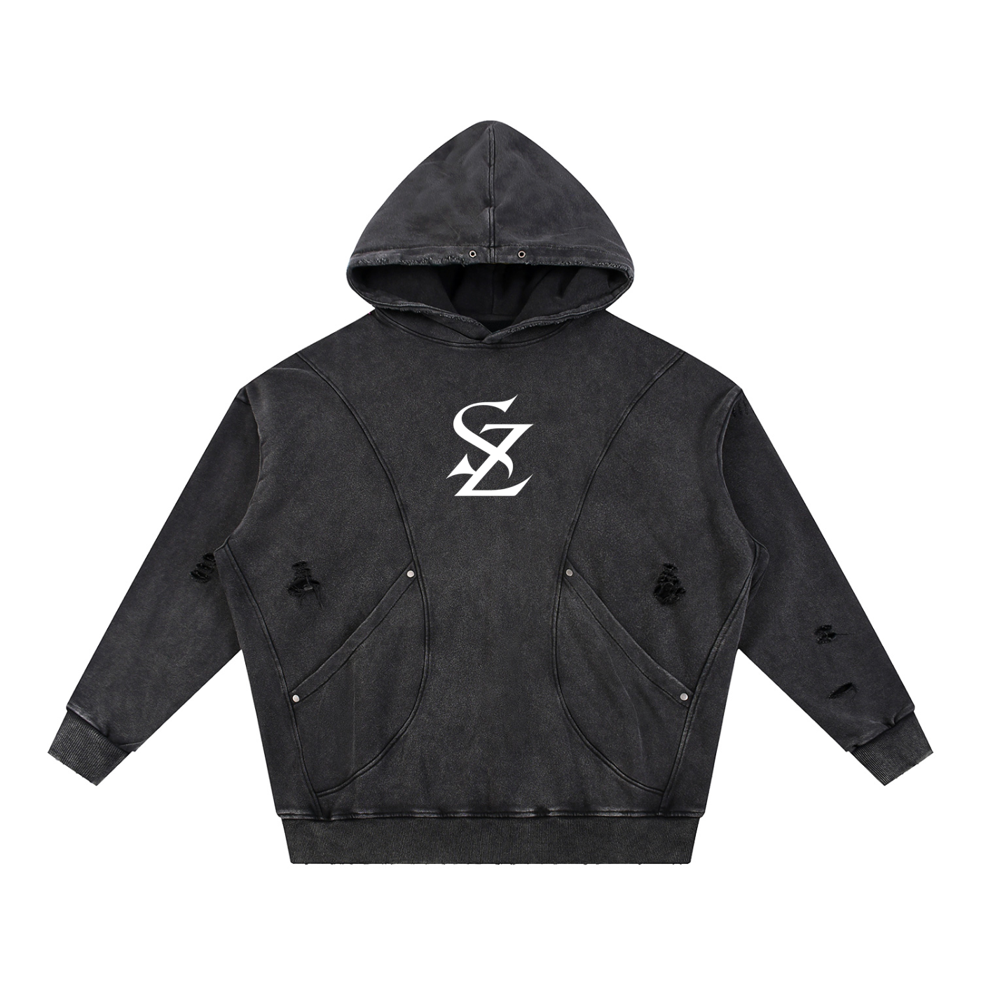 Surzy ripped Snow Washed Distressed Hoodie (Black)