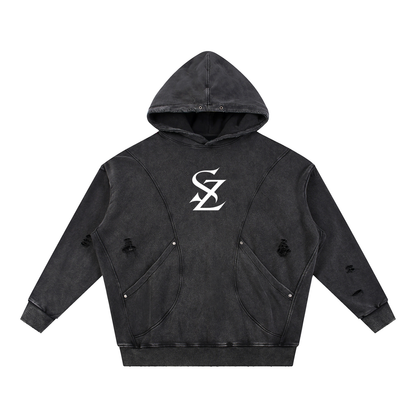 Surzy ripped Snow Washed Distressed Hoodie (Black)