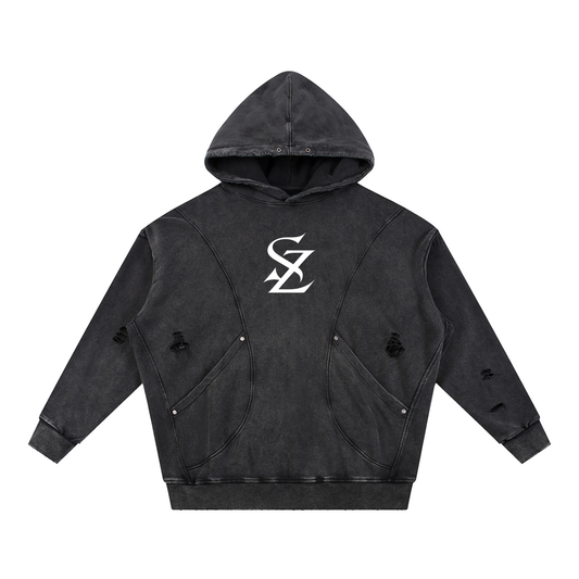 Surzy ripped Snow Washed Distressed Hoodie (Black)