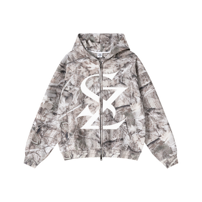340GSM Unisex Heat Transfer Desert Camouflage Zip-Up Hoodie 	Branch Camouflage