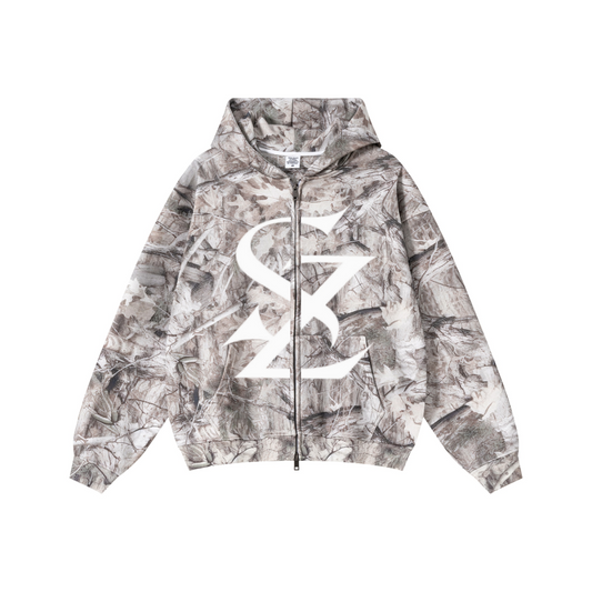 340GSM Unisex Heat Transfer Desert Camouflage Zip-Up Hoodie 	Branch Camouflage