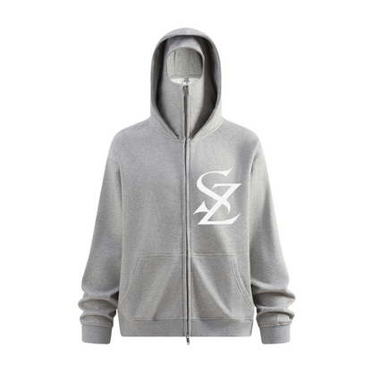 340GSM Men’s Trendy Fleece Zip-Up Windproof Face-Mask Hoodie Heathered Grey