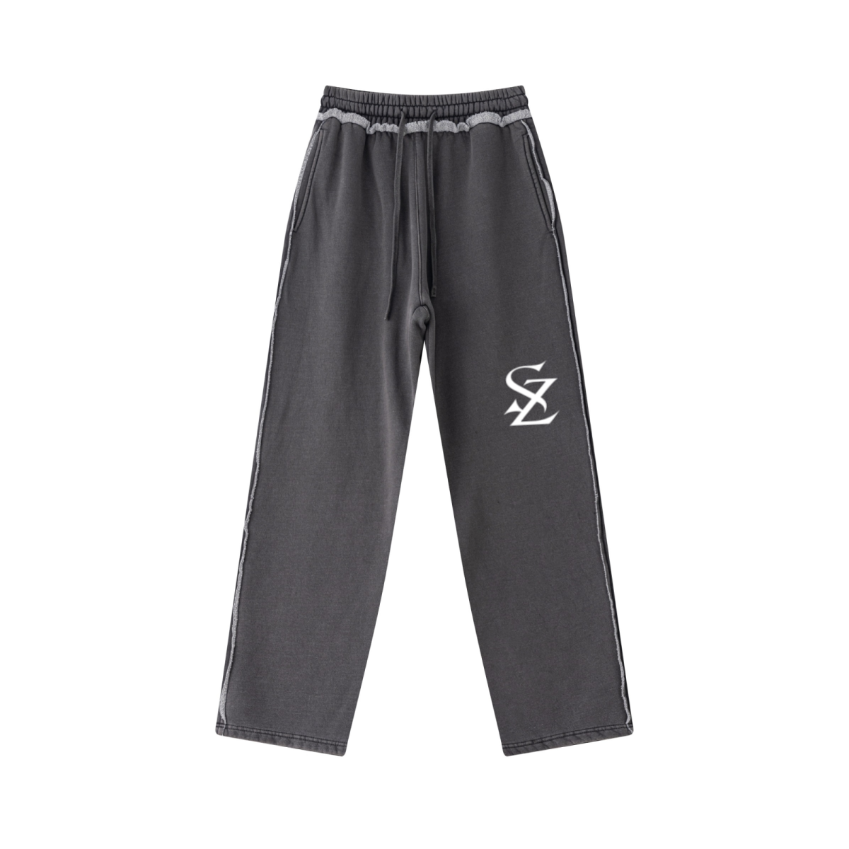 400GSM Men’s Raw-Edge Pigment-Wash Straight-Leg Pants Dark Grey