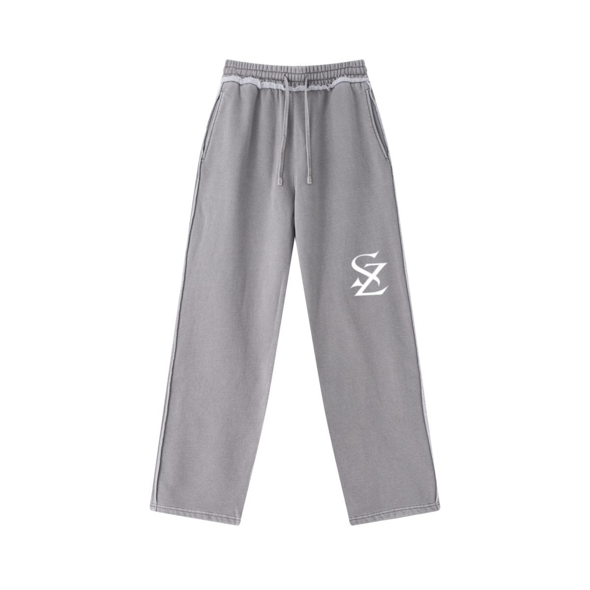 400GSM Men’s Raw-Edge Pigment-Wash Straight-Leg Pants Medium Grey
