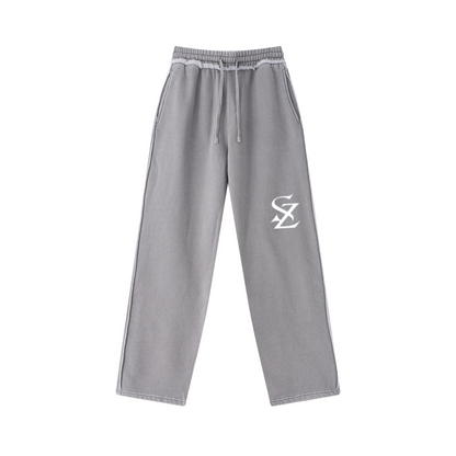 400GSM Men’s Raw-Edge Pigment-Wash Straight-Leg Pants Medium Grey