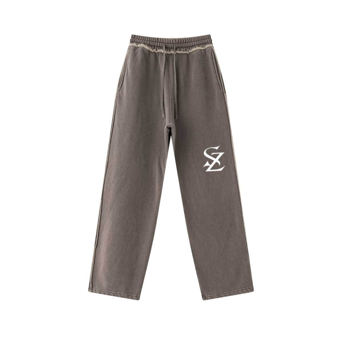 400GSM Men’s Raw-Edge Pigment-Wash Straight-Leg Pants Coffee Brown