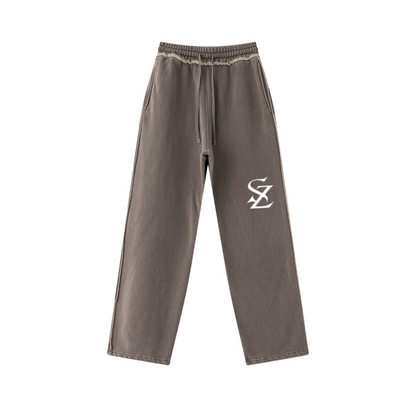 400GSM Men’s Raw-Edge Pigment-Wash Straight-Leg Pants Coffee Brown