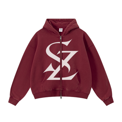400GSM Unisex Vintage-Wash Boxy-Fit Zip-Up Hoodie Vintage Red