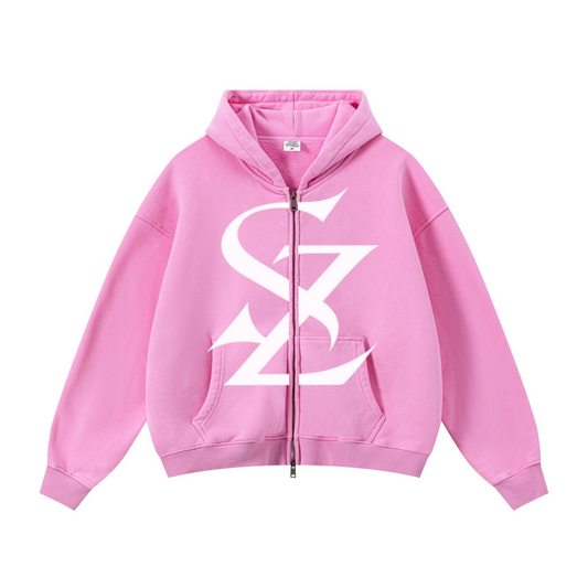 400GSM Unisex Vintage-Wash Boxy-Fit Zip-Up Hoodie Vintage Peach Pink