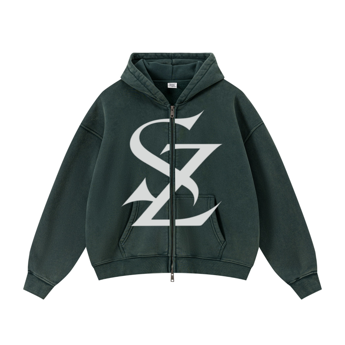 400GSM Unisex Vintage-Wash Boxy-Fit Zip-Up Hoodie Vintage Moss Green