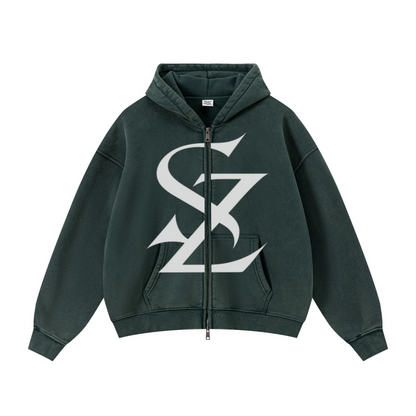 400GSM Unisex Vintage-Wash Boxy-Fit Zip-Up Hoodie Vintage Moss Green