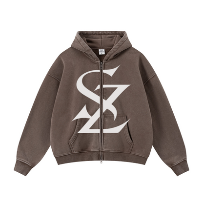 400GSM Unisex Vintage-Wash Boxy-Fit Zip-Up Hoodie Vintage Dark Brown