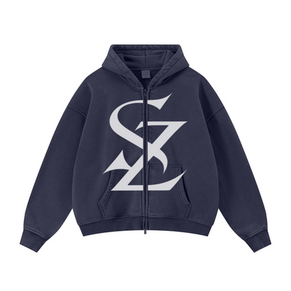 400GSM Unisex Vintage-Wash Boxy-Fit Zip-Up Hoodie Vintage Royal Blue
