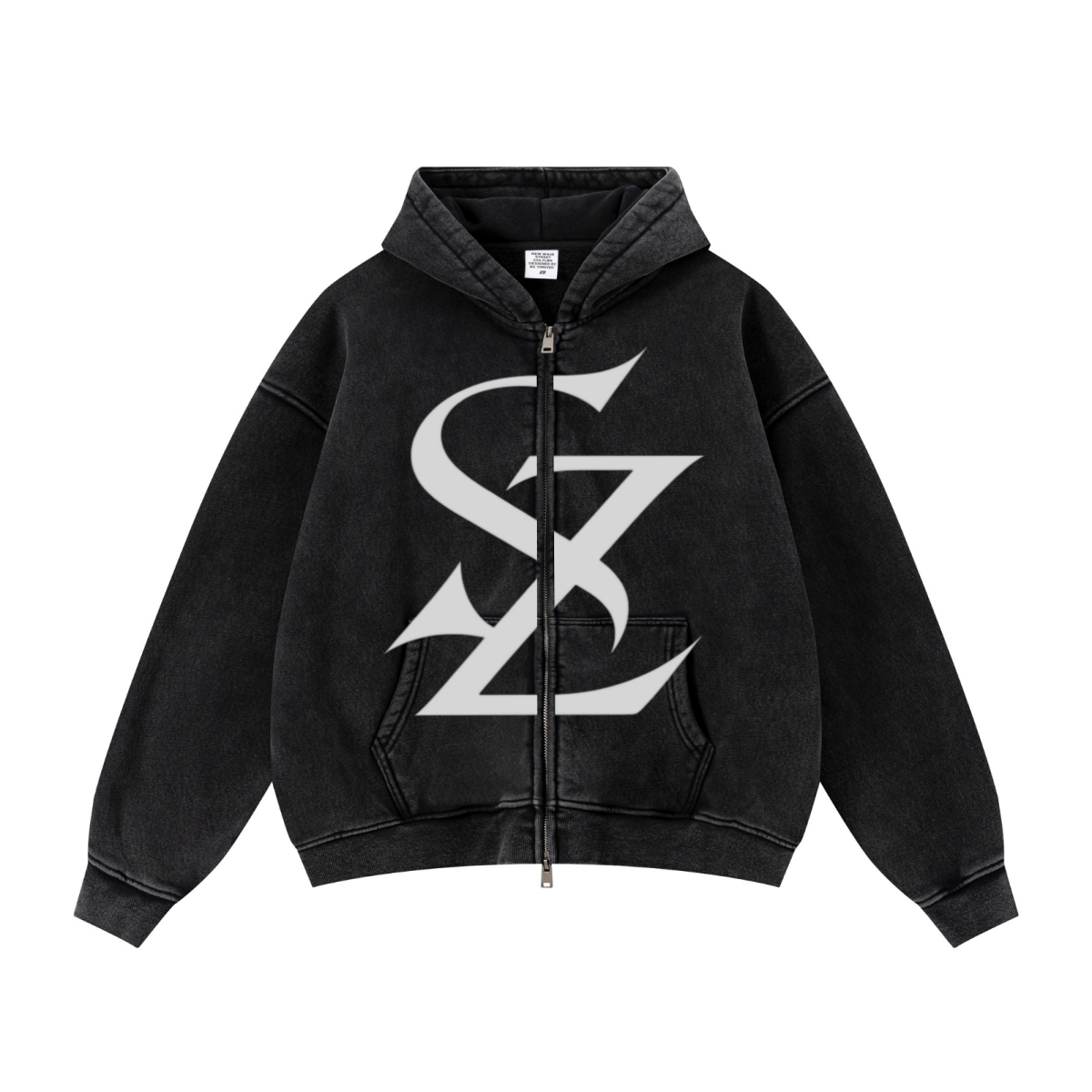 400GSM Unisex Vintage-Wash Boxy-Fit Zip-Up Hoodie Vintage Black