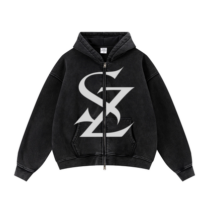 400GSM Unisex Vintage-Wash Boxy-Fit Zip-Up Hoodie Vintage Black