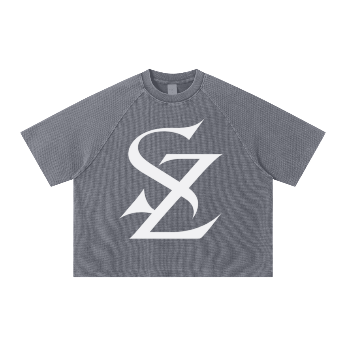 235GSM Men's Waffle Knit Snow Wash Raglan Boxy T-Shirt Washed Iron Grey