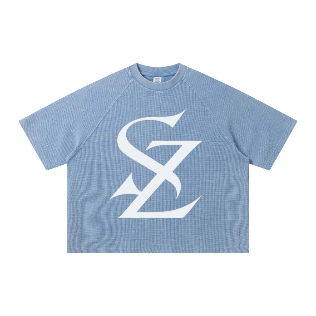 235GSM Men's Waffle Knit Snow Wash Raglan Boxy T-Shirt Baby Washed Blue