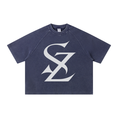 235GSM Men's Waffle Knit Snow Wash Raglan Boxy T-Shirt Midnight Washed Blue