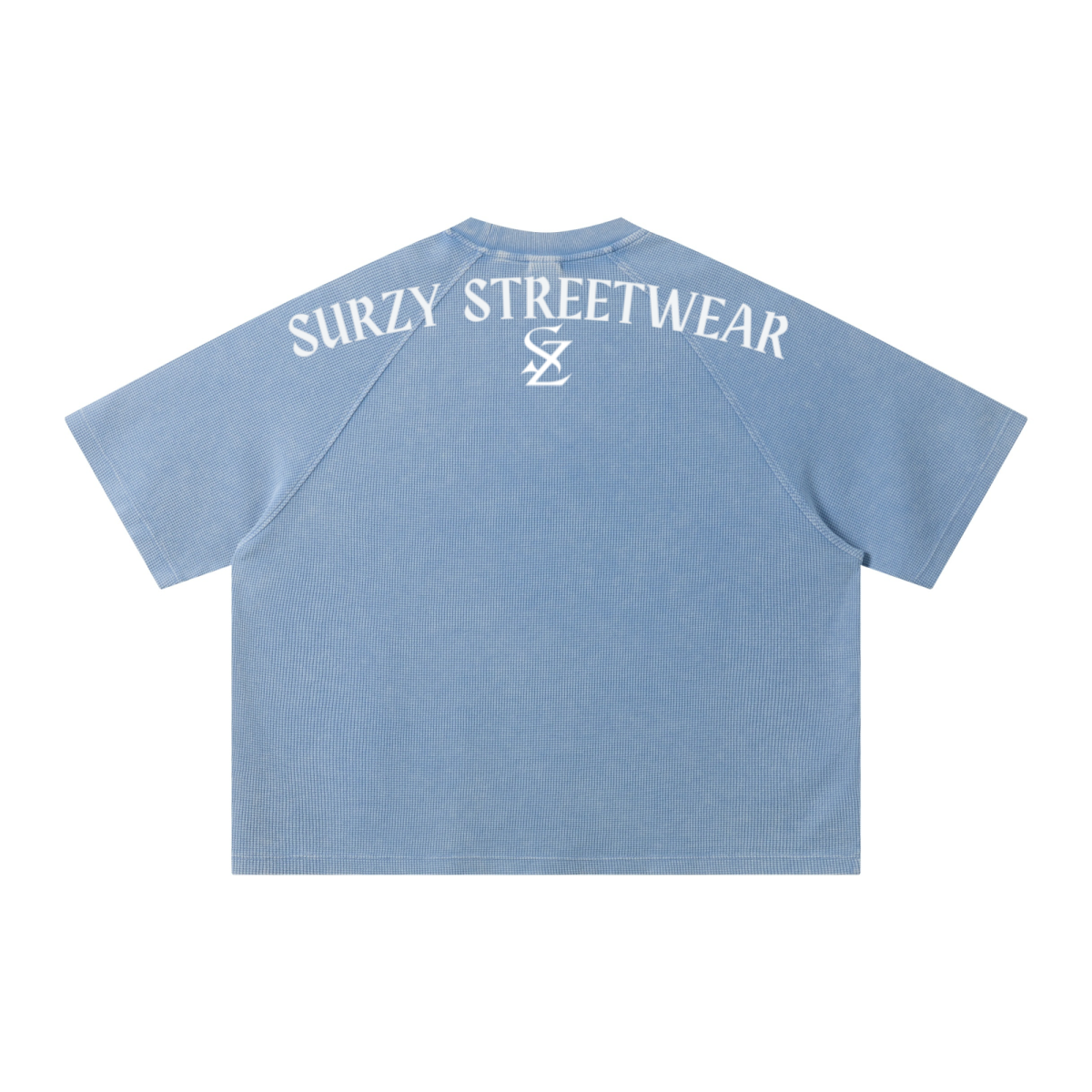 235GSM Men's Waffle Knit Snow Wash Raglan Boxy T-Shirt Baby Washed Blue