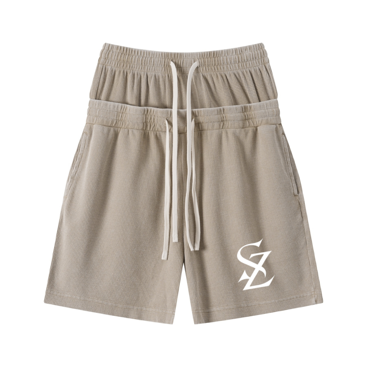235GSM West Coast Relaxed Fit Waffle Knit Snow-Wash Distressed Shorts Ground Beige