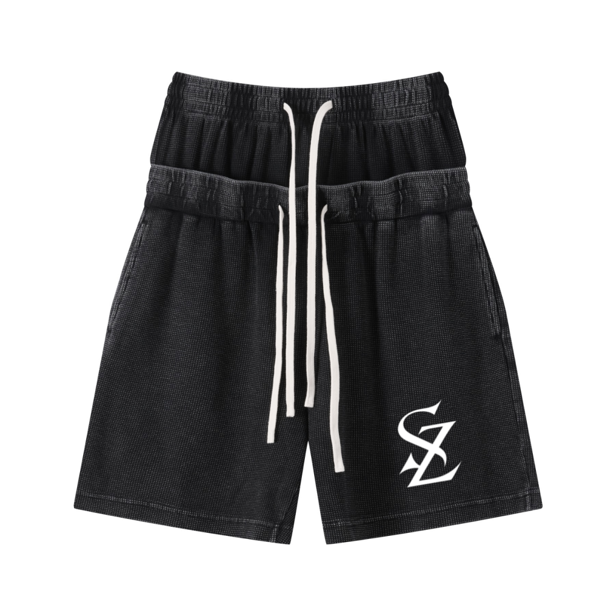 235GSM West Coast Relaxed Fit Waffle Knit Snow-Wash Distressed Shorts Black