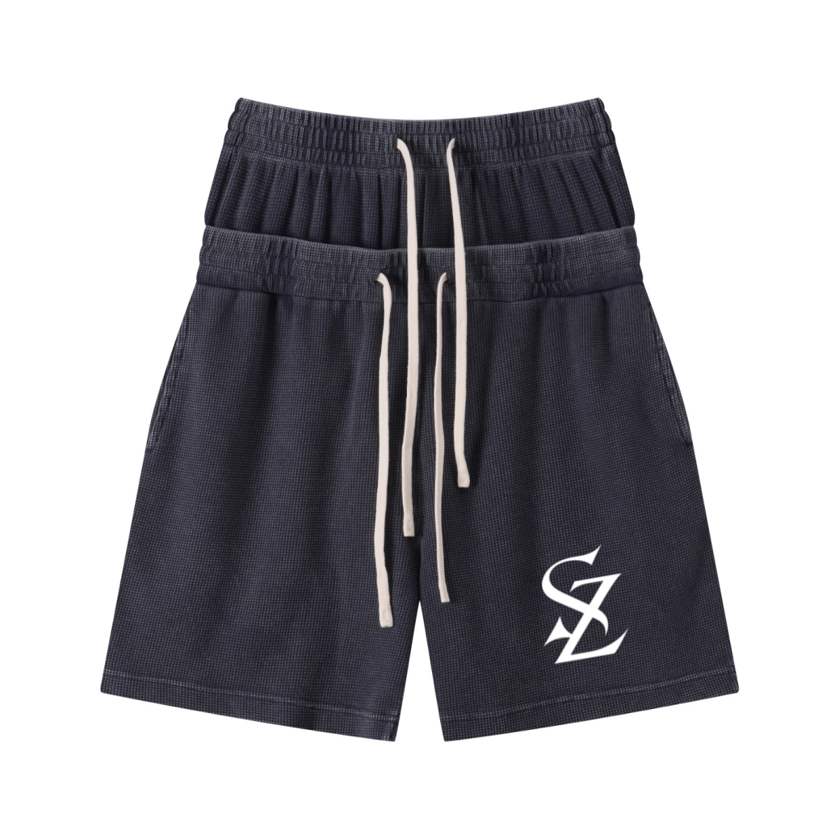 235GSM West Coast Relaxed Fit Waffle Knit Snow-Wash Distressed Shorts Washed Iron Gray