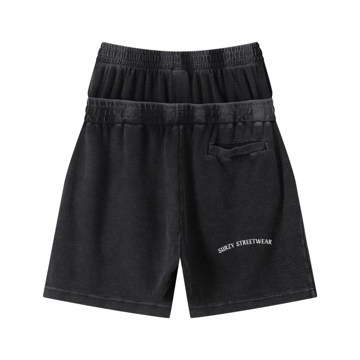 235GSM West Coast Relaxed Fit Waffle Knit Snow-Wash Distressed Shorts Black