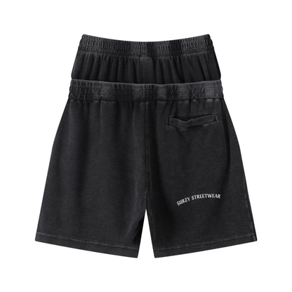235GSM West Coast Relaxed Fit Waffle Knit Snow-Wash Distressed Shorts Black
