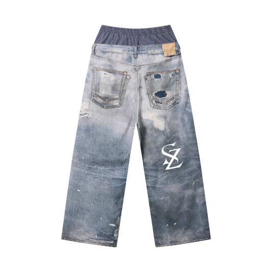 270GSM Men's Cotton Twill Denim Print Double Waist Loose Pants Blue