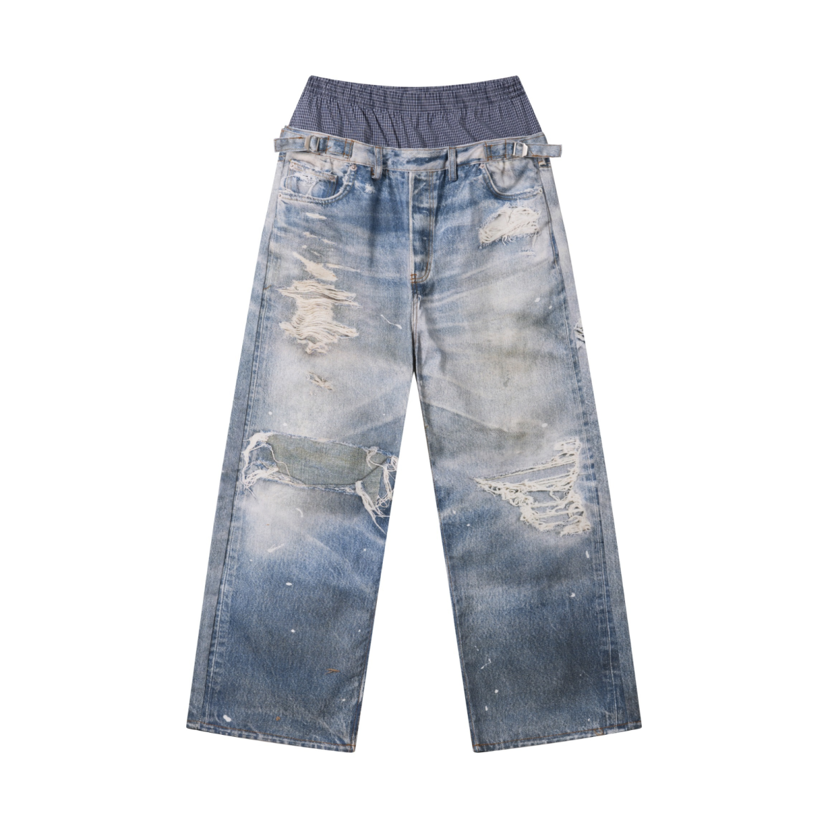 270GSM Men's Cotton Twill Denim Print Double Waist Loose Pants Blue