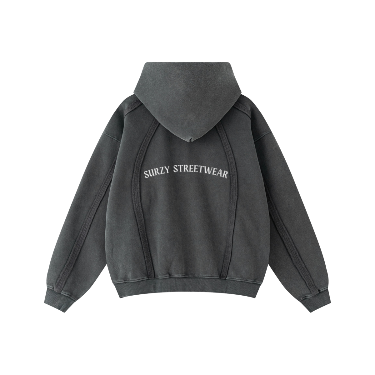 360GSM Men’s Structured Panel Raw-Edge Fleece-Lined Distressed Snow-Wash Zip-Up Hoodie Dark Grey