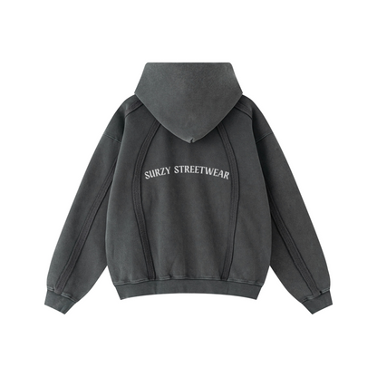 360GSM Men’s Structured Panel Raw-Edge Fleece-Lined Distressed Snow-Wash Zip-Up Hoodie Dark Grey