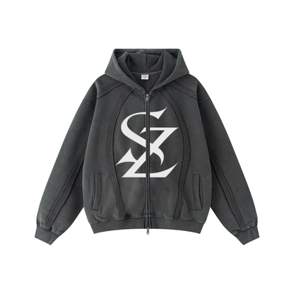 360GSM Men’s Structured Panel Raw-Edge Fleece-Lined Distressed Snow-Wash Zip-Up Hoodie Dark Grey