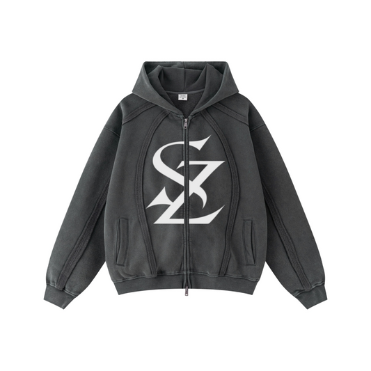 360GSM Men’s Structured Panel Raw-Edge Fleece-Lined Distressed Snow-Wash Zip-Up Hoodie Dark Grey