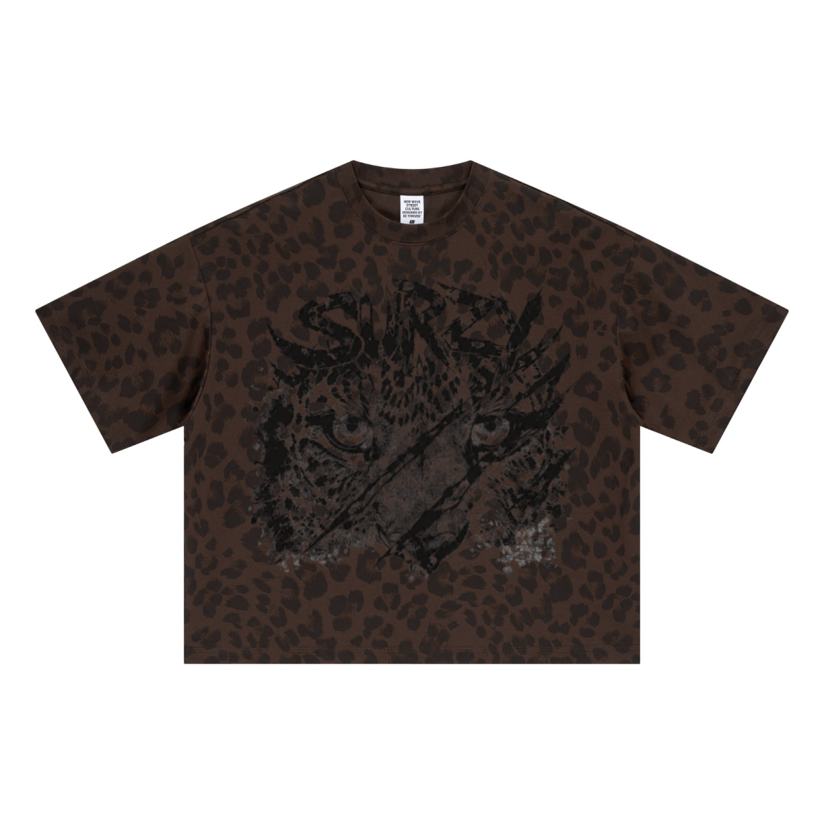 240GSM Unisex Boxy Leopard Print Heat-Transfer Loose T-shirt Coffee 