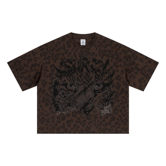 240GSM Unisex Boxy Leopard Print Heat-Transfer Loose T-shirt Coffee 