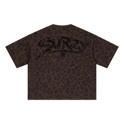 240GSM Unisex Boxy Leopard Print Heat-Transfer Loose T-shirt Coffee 
