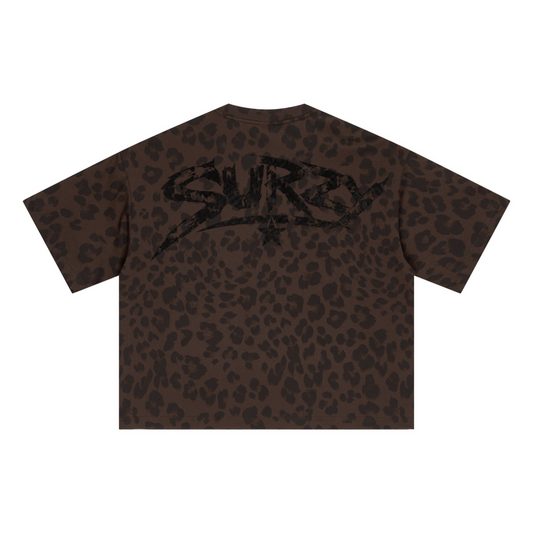 240GSM Unisex Boxy Leopard Print Heat-Transfer Loose T-shirt Coffee 
